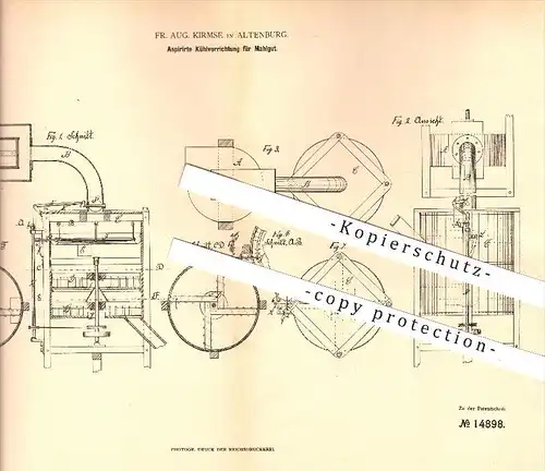 original Patent - Fr. Aug. Kirmse in Altenburg , 1880 , Kühlvorrichtung für Mahlgut , Kühlung , Mühle , Mühlen , Müller