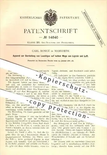 original Patent - Carl Rongé in Mannheim , 1881 , Darstellung von Leuchtgas , Gas , Gasometer , Beleuchtung , Licht !!!