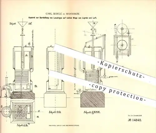 original Patent - Carl Rongé in Mannheim , 1881 , Darstellung von Leuchtgas , Gas , Gasometer , Beleuchtung , Licht !!!