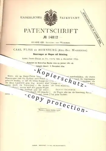 original Patent - Carl Fliss in Hornburg , 1881 , Wagen mit Hebelzug , Wagenbau , Fahrzeugbau , Rad , Achse !!!
