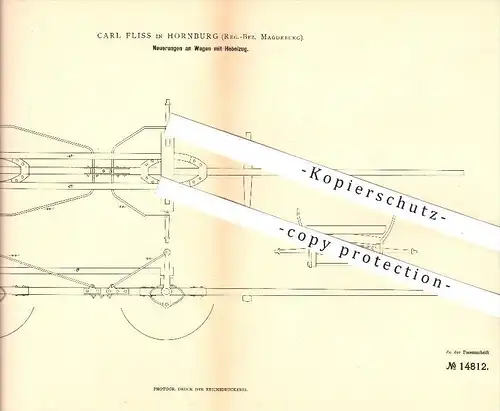 original Patent - Carl Fliss in Hornburg , 1881 , Wagen mit Hebelzug , Wagenbau , Fahrzeugbau , Rad , Achse !!!