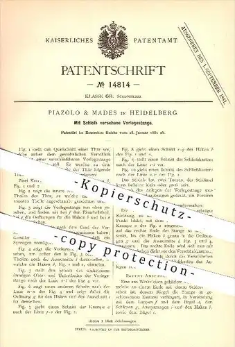 original Patent - Piazolo & Mades in Heidelberg , 1881 , Vorlegestange mit Schloss , Türschloss , Riegel , Tür !!!