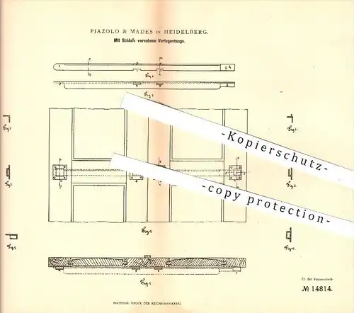 original Patent - Piazolo & Mades in Heidelberg , 1881 , Vorlegestange mit Schloss , Türschloss , Riegel , Tür !!!