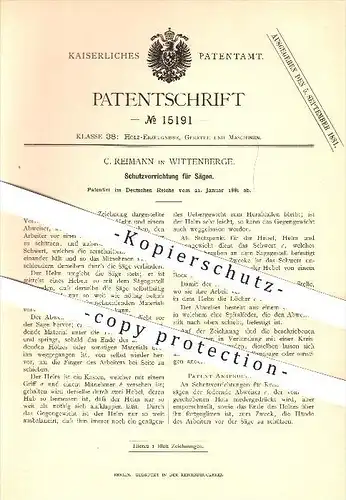 original Patent - C. Reimann in Wittenberge , 1881 , Schutz für Sägen , Säge , Kreissäge , Bandsäge , Holz , Forst !!!