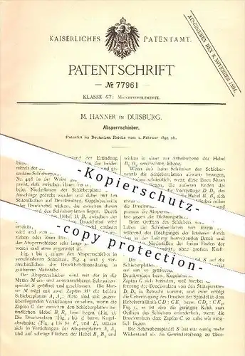 original Patent - M. Hanner in Duisburg , 1894 , Absperrschieber , Druckwalzen , Walze , Walzen , Druck !!!