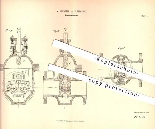 original Patent - M. Hanner in Duisburg , 1894 , Absperrschieber , Druckwalzen , Walze , Walzen , Druck !!!