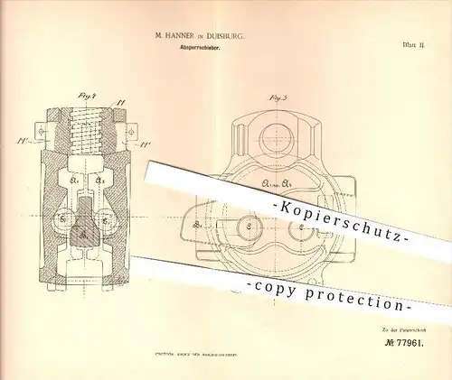 original Patent - M. Hanner in Duisburg , 1894 , Absperrschieber , Druckwalzen , Walze , Walzen , Druck !!!