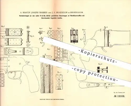 original Patent - A. Martin Joseph Marres , J. A. Braendlin in Birmingham , 1880 , pistol , Feuerwaffe , Waffe