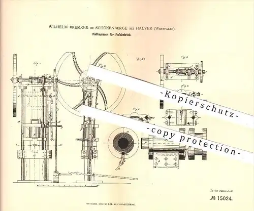 original Patent - Wilhelm Bremker in Schönenberge bei Halver , 1881 , Fallhammer für Fußbetrieb , Hammer , Metall !!!