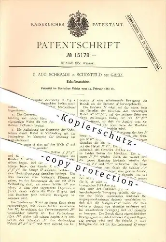 original Patent - C. Aug. Schramm in Schönfeld bei Greiz , 1880 , Schaftmaschine , Webstuhl , Weberei , Weber , Weben !!