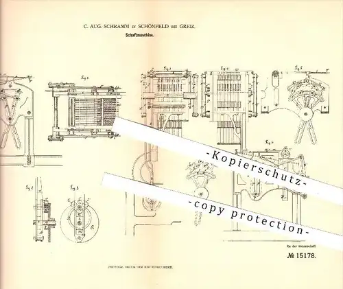 original Patent - C. Aug. Schramm in Schönfeld bei Greiz , 1880 , Schaftmaschine , Webstuhl , Weberei , Weber , Weben !!