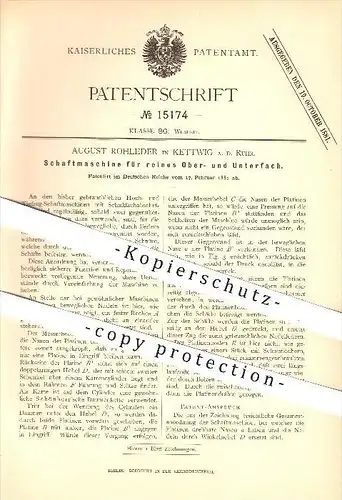 original Patent - August Rohleder in Kettwig a. d. Ruhr , 1881 , Schaftmaschine , Webstuhl , Weben , Weber , Weberei !!!