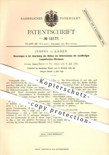 original Patent - Jebens in Emden , 1881 , Anordnung der Schienen , Eisenbahn , Eisenbahnen , Schwellen , Schiene !!!