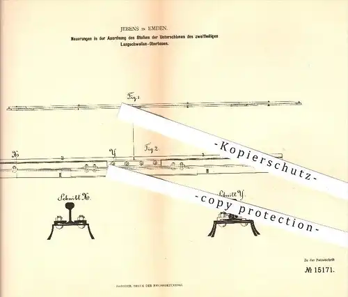 original Patent - Jebens in Emden , 1881 , Anordnung der Schienen , Eisenbahn , Eisenbahnen , Schwellen , Schiene !!!