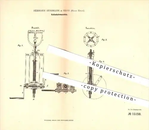 original Patent - Hermann Hussmann in Kray , Essen , 1880 , Kohlenbohrmaschine , Bohrmaschine , Kohle , Bergbau , Bohren