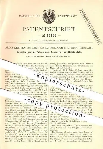 original Patent - Alois Kreiten & Wilhelm Schneeloch , Altena , 1881 , Scheuern von Stricknadeln , Stricken , Nadeln !!!