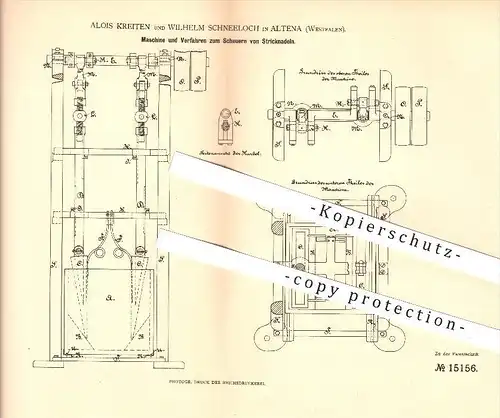 original Patent - Alois Kreiten & Wilhelm Schneeloch , Altena , 1881 , Scheuern von Stricknadeln , Stricken , Nadeln !!!