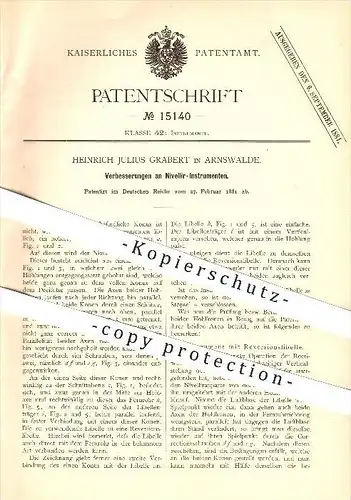 original Patent - Heinrich Julius Grabert in Arnswalde , 1881 , Nivellier-Instrumente , Nivellieren , Fernrohr , Libelle