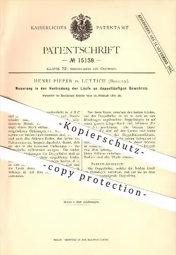 original Patent - Henri Pieper in Lüttich , Belgien , 1881 , doppelläufige Gewehre , Gewehr , Waffen , Geschosse !!!