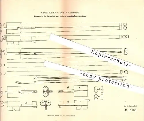 original Patent - Henri Pieper in Lüttich , Belgien , 1881 , doppelläufige Gewehre , Gewehr , Waffen , Geschosse !!!