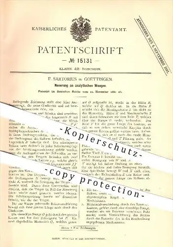 original Patent - F. Sartorius in Göttingen , 1880 , analytische Waage , Waagen , Wiegen , Gewicht , Gewichte , Analyse