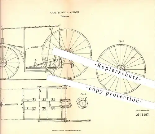 original Patent - Carl Schön in Minden , 1881 , Tretwagen , Dreirad , Fahrrad , Wagenbau , Wagen , Fahrzeugbau , Rad !!!