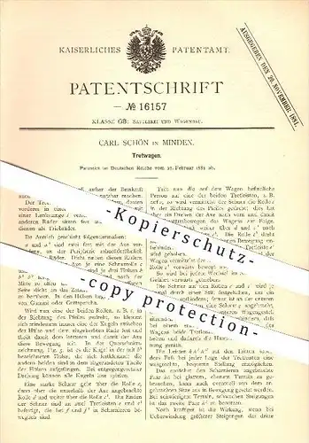 original Patent - Carl Schön in Minden , 1881 , Tretwagen , Dreirad , Fahrrad , Wagenbau , Wagen , Fahrzeugbau , Rad !!!