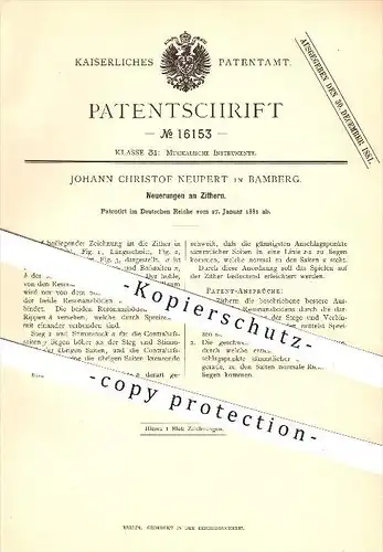 original Patent - Johann Christof Neupert in Bamberg , 1881 , Zitter , Zittern , Musik , Musikinstrumente , Instrument !