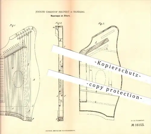 original Patent - Johann Christof Neupert in Bamberg , 1881 , Zitter , Zittern , Musik , Musikinstrumente , Instrument !