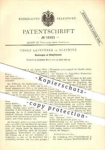 original Patent - Adolf Leinveber in Gleiwitz , 1881 , Dampfkessel , Kessel , Dampfmaschinen , Dampf , Röhrenkessel !