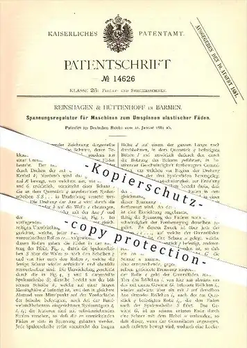 original Patent - Reinshagen & Hüttenhoff , Barmen , 1881, Regulator , Umspinnen elastischer Fäden , Stricken , Flechten