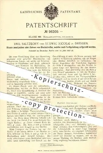 original Patent - Emil Saltzkorn & Ludwig Nicolai , Dresden , 1896 , Stanze zum Lochen oder Zahnen von Blech , Metall !!