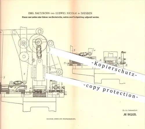 original Patent - Emil Saltzkorn & Ludwig Nicolai , Dresden , 1896 , Stanze zum Lochen oder Zahnen von Blech , Metall !!