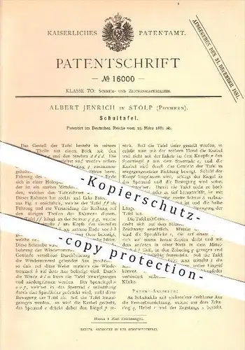 original Patent - Albert Jenrich in Stolp , Pommern , 1881 , Schultafel , Tafel , Tafeln , Schule , Lehrer , Kreide !!!