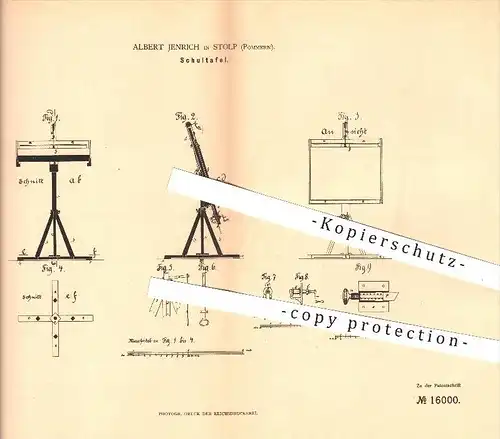 original Patent - Albert Jenrich in Stolp , Pommern , 1881 , Schultafel , Tafel , Tafeln , Schule , Lehrer , Kreide !!!