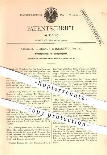 original Patent - Charles T. Liernur , Haarlem , Holland , 1881, Muffendichtung für Steingutröhren , Rohre , Dichtung !!