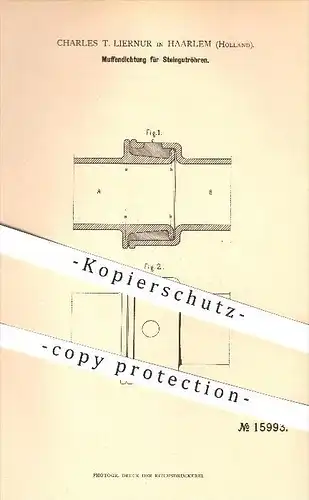 original Patent - Charles T. Liernur , Haarlem , Holland , 1881, Muffendichtung für Steingutröhren , Rohre , Dichtung !!