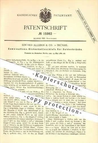 original Patent - Eduard Allebos & Co. in Brüssel , 1881 , Schloss für Geldschränke , Tresor , Tresore , Schlosser !!!
