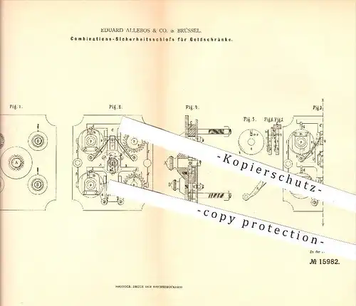 original Patent - Eduard Allebos & Co. in Brüssel , 1881 , Schloss für Geldschränke , Tresor , Tresore , Schlosser !!!