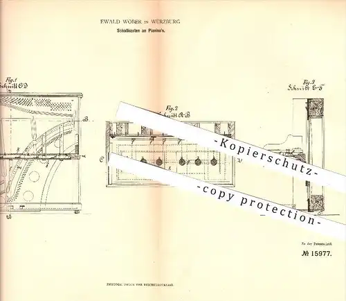 original Patent - Ewald Wöber , Würzburg , 1881, Schallkasten am Piano , Pianos , Klavier , Klaviere , Klaviatur , Musik