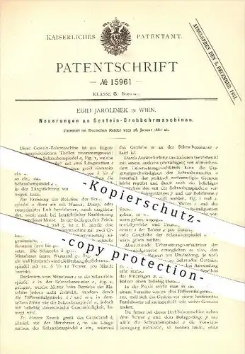 original Patent - Egid Jarolimek in Wien , 1881 , Gestein - Drehbohrmaschine , Bohrmaschine , Bergbau , Bohren , Bohrer