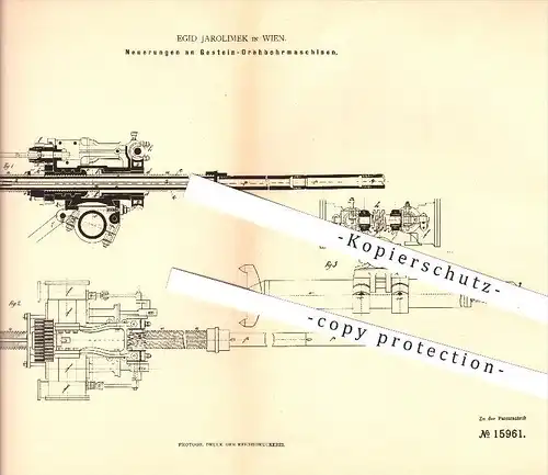 original Patent - Egid Jarolimek in Wien , 1881 , Gestein - Drehbohrmaschine , Bohrmaschine , Bergbau , Bohren , Bohrer