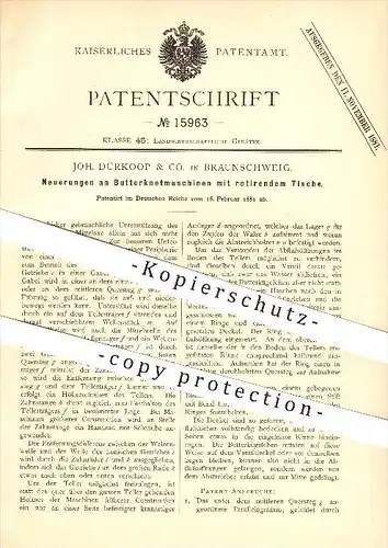 original Patent - Joh. Dürkoop & Co. in Braunschweig , 1881 , Butterknetmaschinen mit rotierendem Tisch , Butter !!!