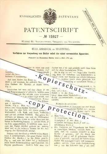 original Patent - Rud. Amsinck in Hamburg , 1881 , Verpackung von Butter , Pergament , Verladung , Transport !!!
