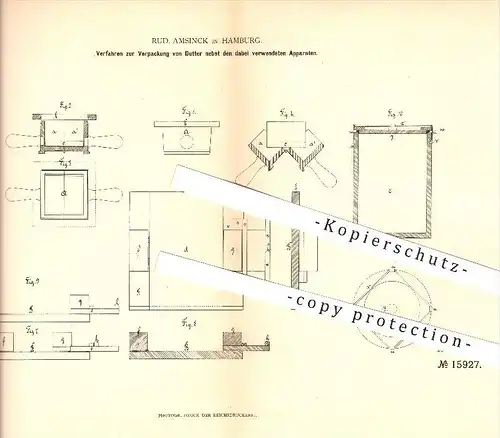 original Patent - Rud. Amsinck in Hamburg , 1881 , Verpackung von Butter , Pergament , Verladung , Transport !!!