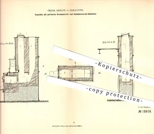 original Patent - Heinr. Krigar in Hannover , 1881 , Kupolofen , Schmelzofen , Ofen , Öfen , Eisenerzeugung , Eisen !!!