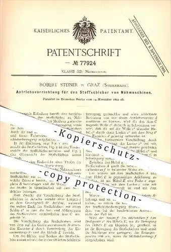 original Patent - Robert Steiner in Graz , Steiermark , 1893 , Antrieb an Nähmaschinen , Nähmaschine , Nähen , Näher !!!