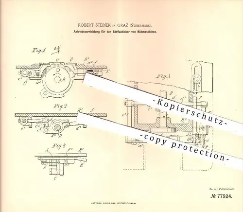 original Patent - Robert Steiner in Graz , Steiermark , 1893 , Antrieb an Nähmaschinen , Nähmaschine , Nähen , Näher !!!