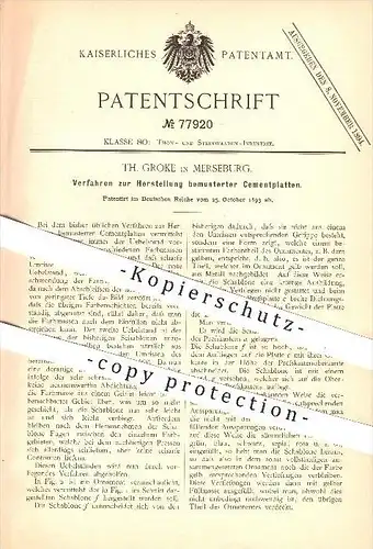 original Patent - Th. Groke in Merseburg , 1893 , Herstellung bemusterter Zementplatten , Zement , Ornament , Fliesen !!