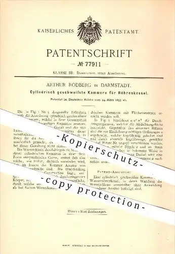 original Patent - Arthur Rodberg in Darmstadt , 1893 , Kammern für Röhrenkessel , Kessel , Dampfkessel , Dampf !!!
